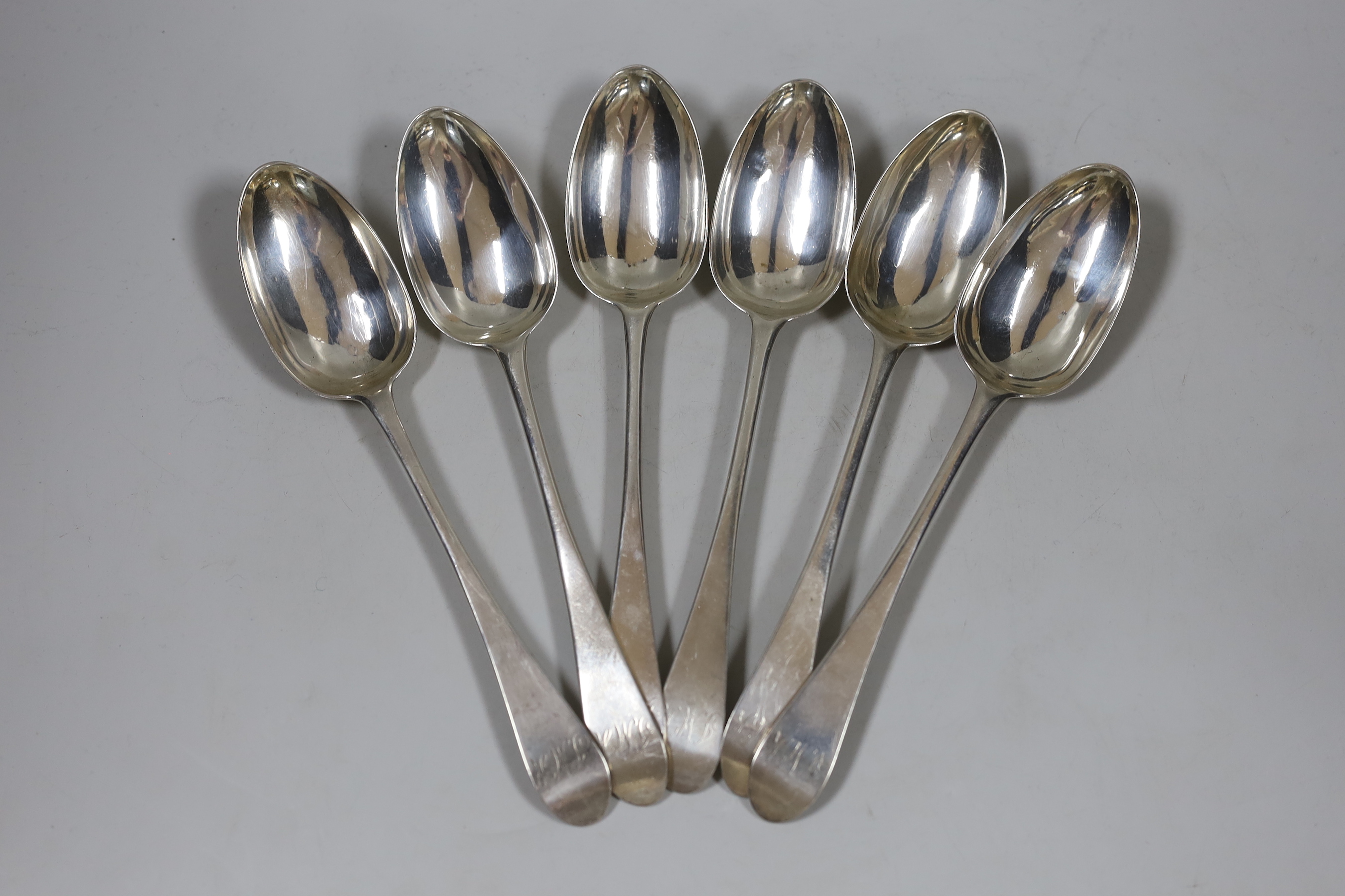 A set of six George III Scottish silver Old English pattern table spoons, William & Patrick Cunningham, Edinburgh, 1785, 22cm, 11.6oz.